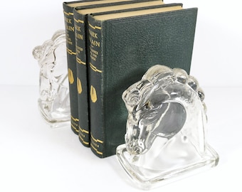 Vintage Clear Glass Horse Head Bookends - Glass Horse Bookends Horse Head Glass Bookends