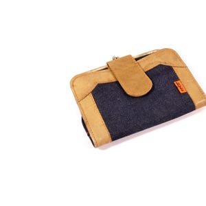 May include: A blue denim wallet with brown leather accents and a small orange label that says "RECYCLED".