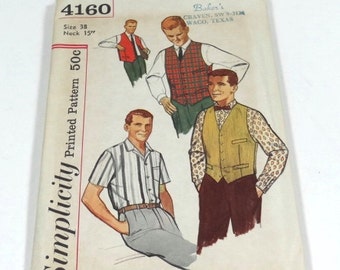 1950s Pattern Vintage Mens Shirt and Vest Pattern - Simplicity 4160 - Vintage Mens Pattern - Size 38 Neck 15
