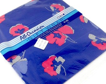 80s Gift Wrap - Hot Pink and Blue Floral 1980s Gift Wrap 80s Wrapping Paper - Gibson Greetings Scrapbooking