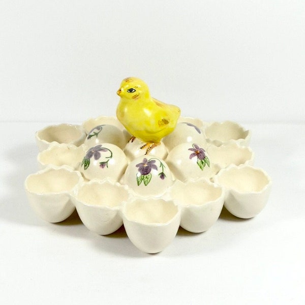 Cute Vintage Easter Egg Holder - Ceramic Egg Holder with Chick and Violets Vintage Easter