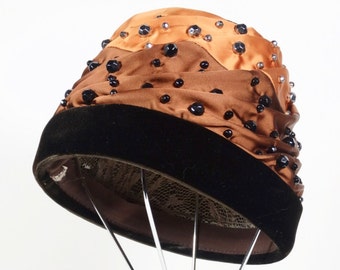 Studded Velvet and Satin Toque - Brown Mocha Black Satin Velvet Hat - Size 22 Vintage Hat