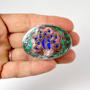 Vintage Cloissone Peacock Snuff Box Oval Silver Cloissone Pill Box Silver Cloissone Snuff Box Peacock