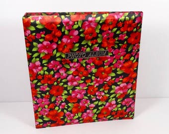 1970s Floral Photo Album, Vintage Midcentury Flower Print Made in Japan Red Pink Binder Album Scrapbooking