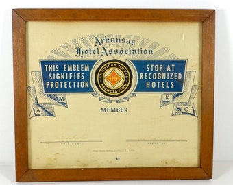 1954 Hotel Certificate - Arkansas Hotel Association - AHA Member AR MO  Hotel Member Certificate 1950s Hotel Midcentury