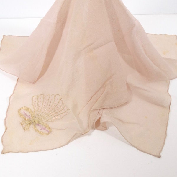 Parlez Vous L'Amour Vintage Beige Silk Chiffon Scarf Something Old Wedding Brides Token Hankie