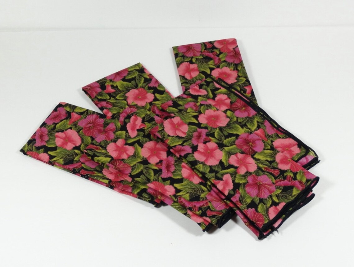 Elegant Pink Green and Black Floral Cloth Napkins Set of 6 Etsy