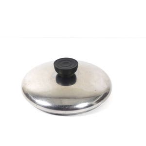 May include: A silver pot lid with a black knob on top.