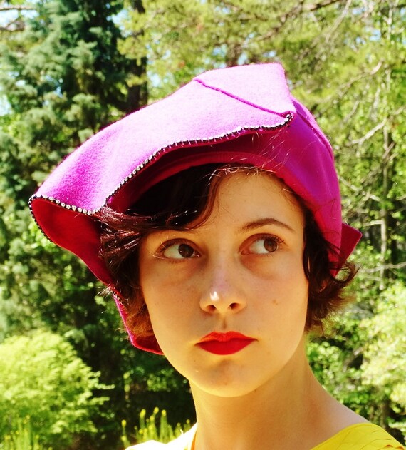 Vintage Pink Felt Hat, 1950s Vintage Wool Magenta… - image 1