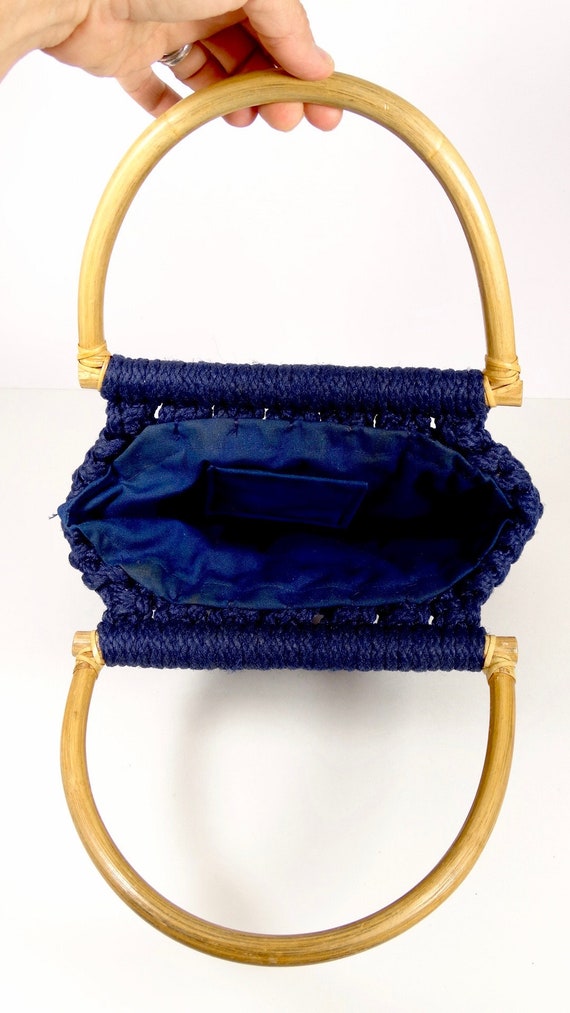 70s Boho Vintage Navy Blue Macrame Handbag Music … - image 3