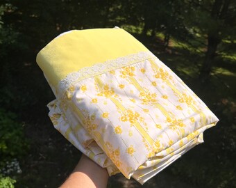 1970s Wamsutta Twin Sheet Set Yellow Roses and Stripes Lace Trim 70s Sheets Twin Sheet Set