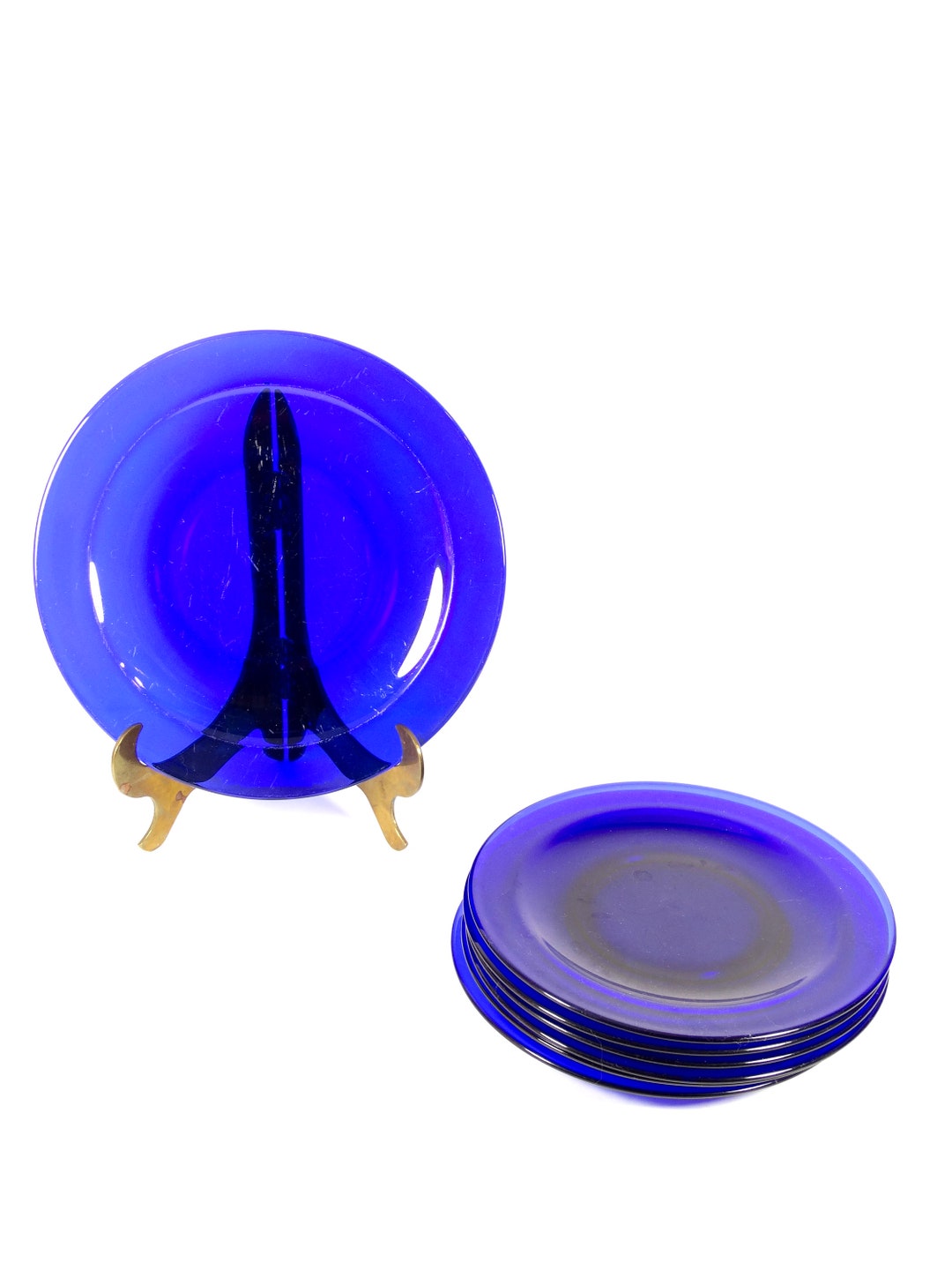 Vintage 7 Pc Cobalt Blue Glass Plate Set 1980s Set of Dinner and Salad Plates Set Dark Blue