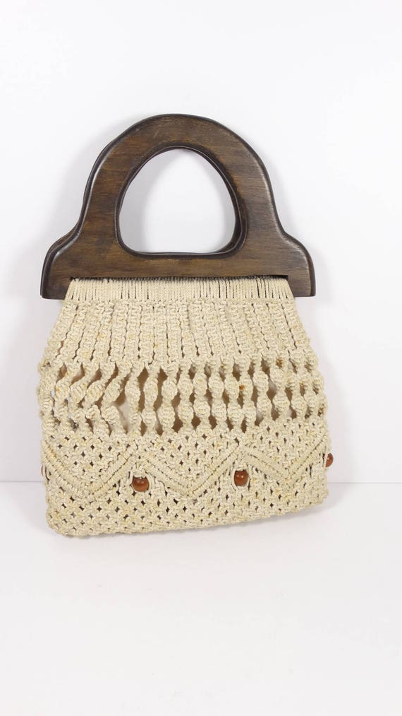 Macrame and Wood Purse Handbag, Vintage Cotton Be… - image 2