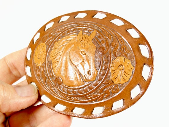 1970s Horse Buckle Leather Belt Buckle Tooled Lea… - image 5