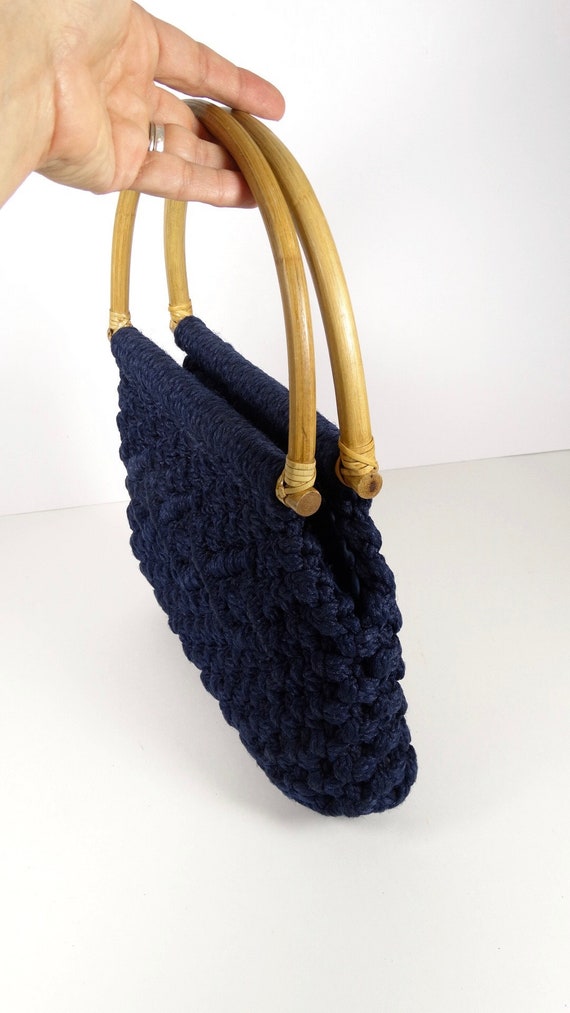 70s Boho Vintage Navy Blue Macrame Handbag Music … - image 8