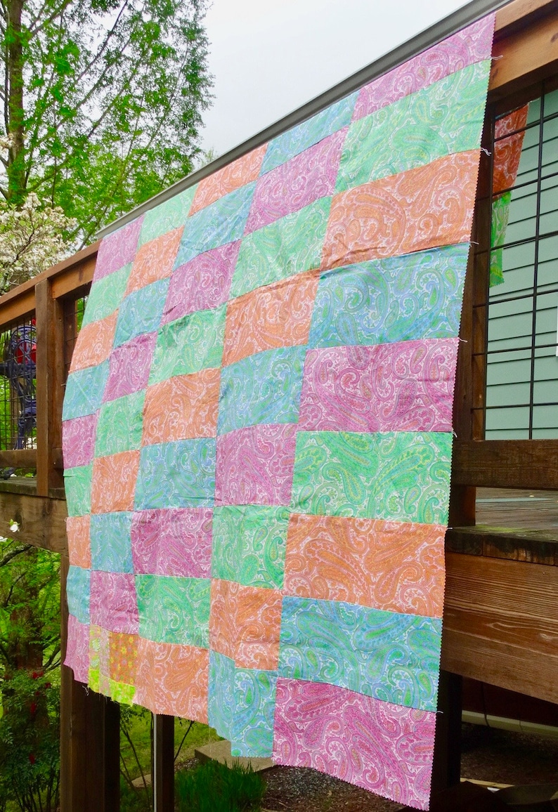60s Full Queen Size Patchwork Paisley Quilt Top Mod Boho Maximalist