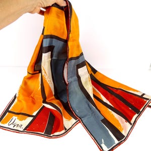 1970s Vera Scarf Vintage Scarves by Vera Rectangular Silk Scarf Vera Neumann Vintage Scarf - Orange Red Gray Black