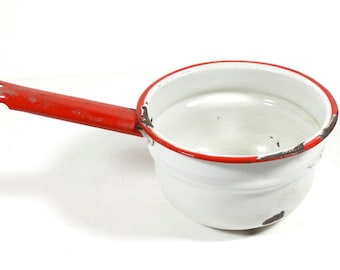 Vintage Enamelware Cottagecore Rustic Farm Porch Decor Enameled Red and White Enamel Pot - Vintage Enameled Pot - Enamelware - Photo Prop