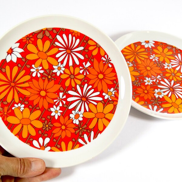 Cute 1970s Breakfast Plates - Salad Plates Orange and Red Floral 70s Plates Maximalist 1970s Decor 70s Home