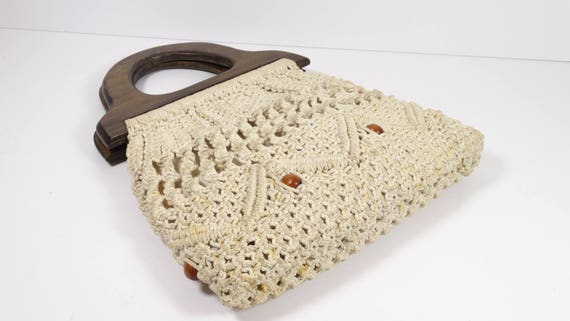 Macrame and Wood Purse Handbag, Vintage Cotton Be… - image 4