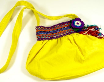 Cute Boho Yellow Cross-Body Bag with Woven Trim and Flower Hippie Chick Boho Bag