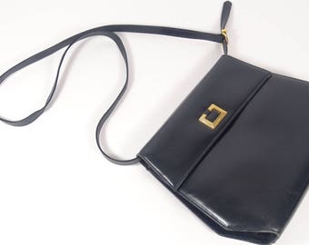 Salvatorre Ferragamo Purse, Vintage Black Leather Ferragamo Designer Luxury Purse Geometric Gold Navy Leather