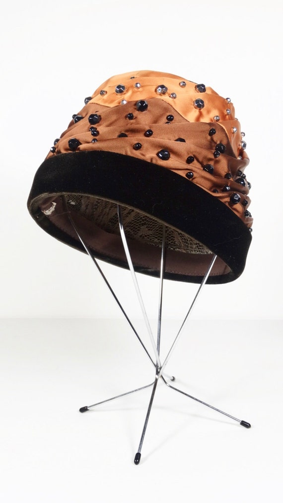 Studded Velvet and Satin Toque - Brown Mocha Blac… - image 1