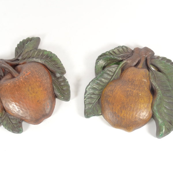 1967 Miller Studios Chalkware Fruit Wall Hangings - Apple Pear Set of 2 Plaster Fruit Kitchen Wall Decor 60s Style Spanish Modern Old Gold