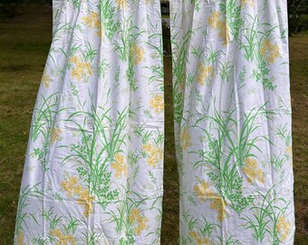 Rideaux vintage - Rideaux longs années 70, lot de 3, motif fleurs jaunes et feuilles vertes