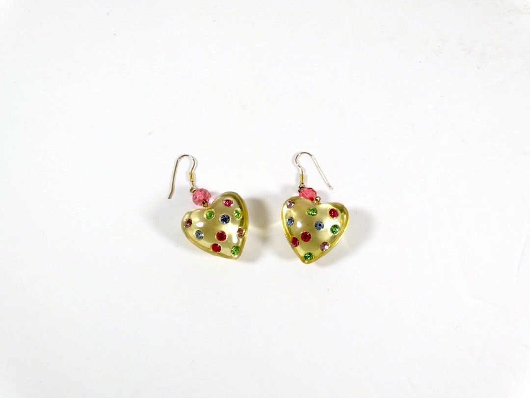 Vintage 80s Puffy Heart Earrings Jeweled Heart Earrings