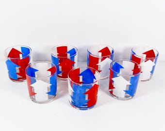 Amazing 1970s Cera Bar Set Red White and Blue Arrows Glassware 1970s Barware Set of 7 70s Rocks Glasses
