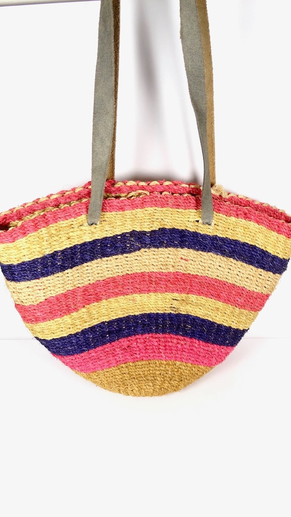 80s Woven Sisal Market Bag - Yoga Tote - Purple Pi