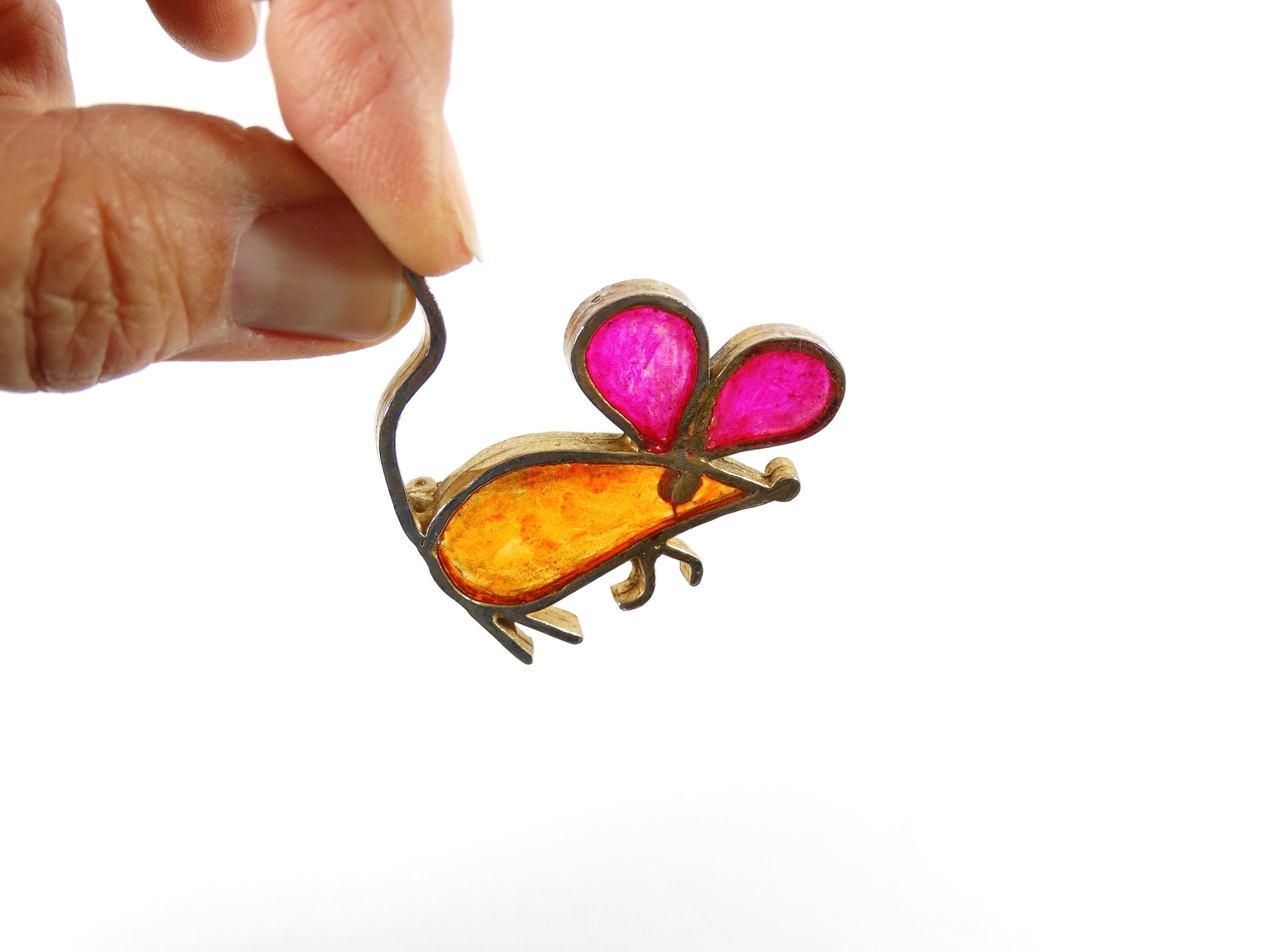 Vintage Signed Joy Plique a Jour Resin Mouse Stained Glass