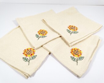 Vintage Sunflower Napkins Set of 4 Embroidered Cloth Napkins Embroidered Sunflower Cloth Napkins Vintage Napkins