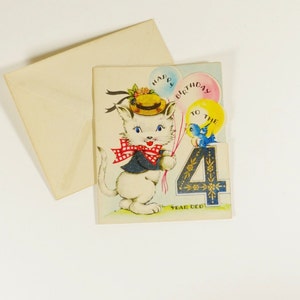 May include: A birthday card featuring a white cat wearing a hat and a red bow tie. The cat is holding a blue bird with a yellow balloon that says "Happy Birthday to the 4 Year Old".
