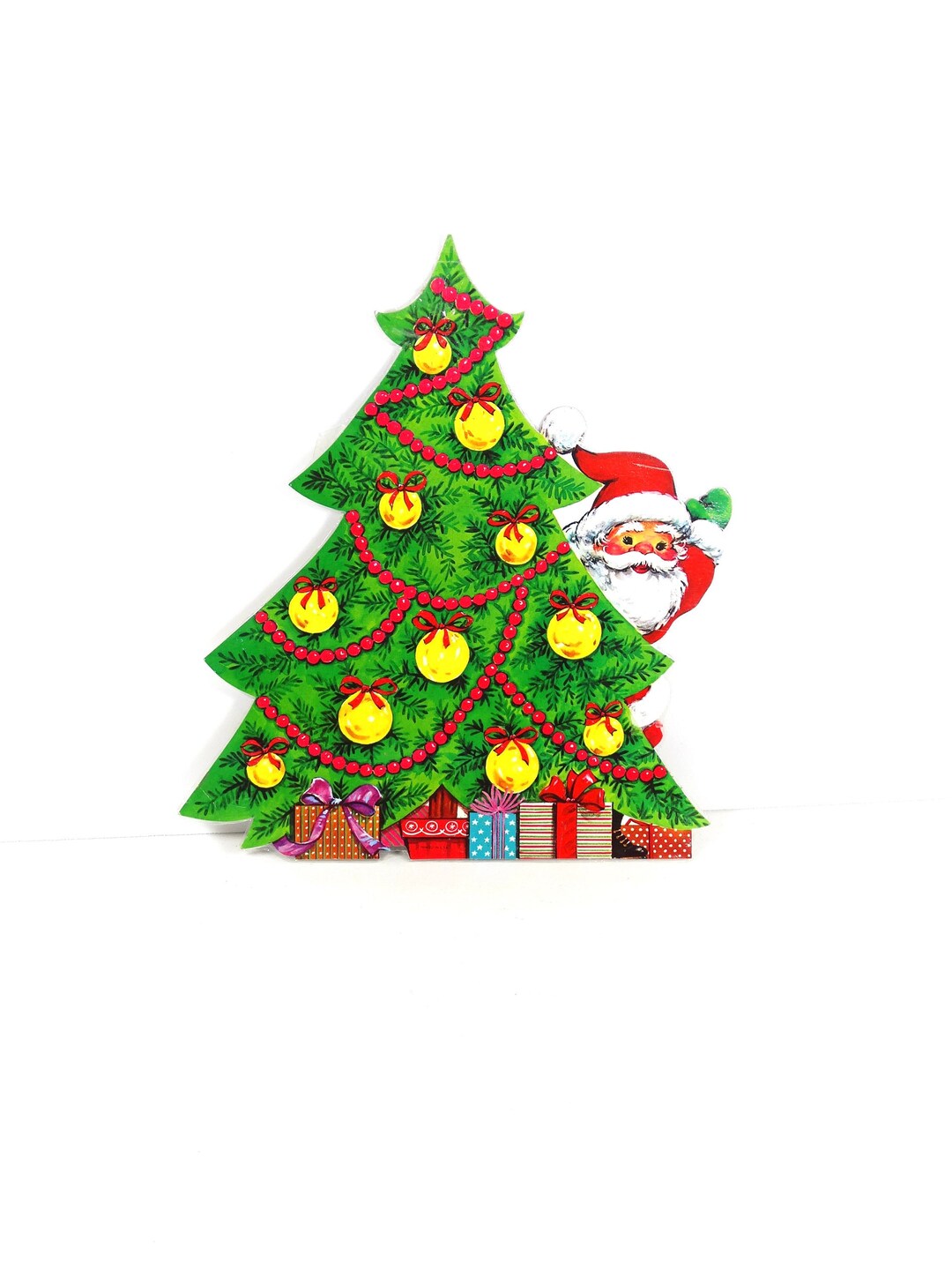 Vintage Christmas Die Cut Santa With Christmas Tree Die Cut Christmas
