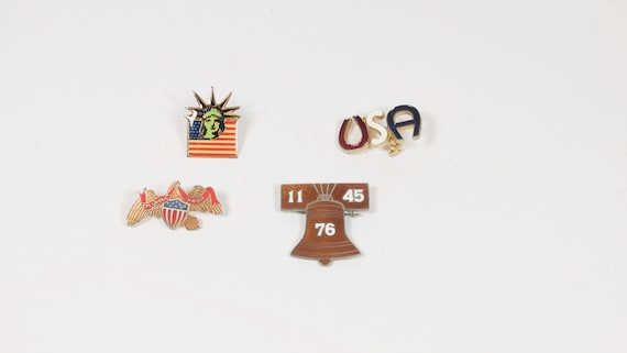 Vintage Patriotic Lapel Pin Set - Liberty Bell Statue of Liberty Eagle USA Flag