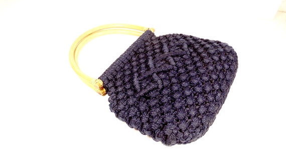 70s Boho Vintage Navy Blue Macrame Handbag Music … - image 1