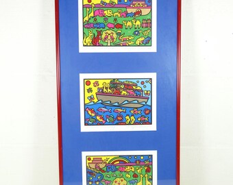 May include: A framed set of three colorful prints depicting a Noah's Ark scene. The top print shows animals on land, the middle print shows the ark sailing on water, and the bottom print shows animals on land with a rainbow in the sky.