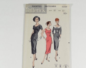 1950s Dress Pattern 50s Butterick Dress Pattern Scoop Neck Sheath Dress Pattern - Butterick 8056 - Size 12 - 1950s Sheath Dress Pattern