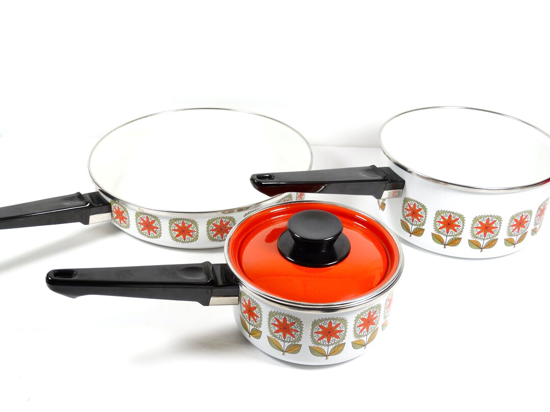 Fab 70s Enamel Cookware 4 Piece Set Orange Flowers 1970s Cookware 70s