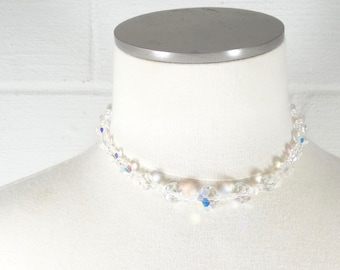 Vintage Cut Glass Irridescent Beaded Necklace Graduated Beads Glass Beads Retro Glam Sparkle