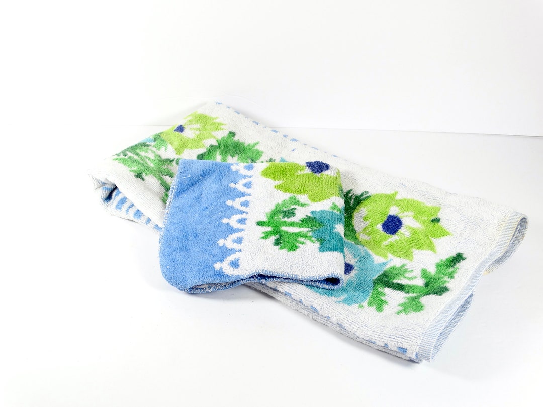 1960s Martex Hand Towel and Washcloth Set Blue and Green Floral