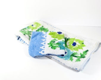1960s Martex Hand Towel and Washcloth Set Blue and Green Floral Reversible Towel Set - 60s Towels 60s Washcloth Hand Towel 1960s Bath Towel