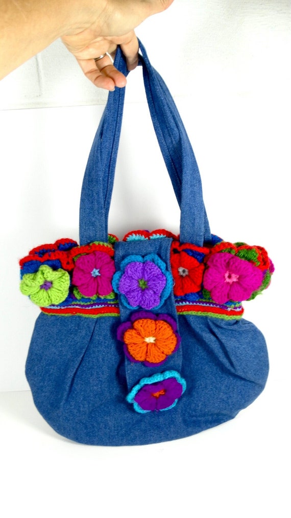 Vintage Boho Hobo Bag - Denim with Crocheted Flowe