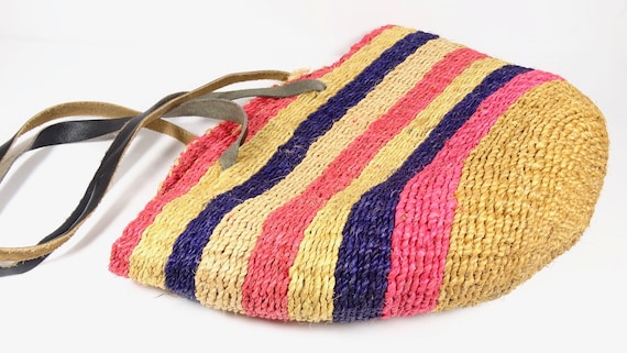 80s Woven Sisal Market Bag - Yoga Tote - Purple Pink Leather