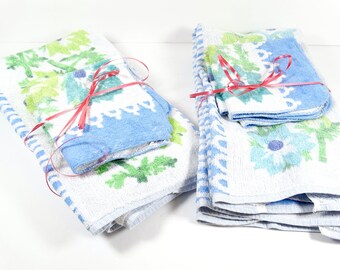 1960s Martex Hand Towel and Washcloth Set Blue and Green Floral Reversible Towel - Sold in Sets of Pairs  1960s Bath Retro Towel