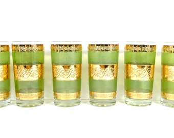 Vintage Starlyte Highball Glasses - Set of 6 Midcentury Glasses Retro Barware Tumblers Culver Style Gold Leaf Lime Green Midmod Bar