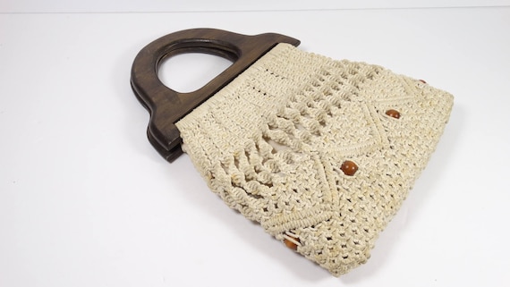 Macrame and Wood Purse Handbag, Vintage Cotton Be… - image 1