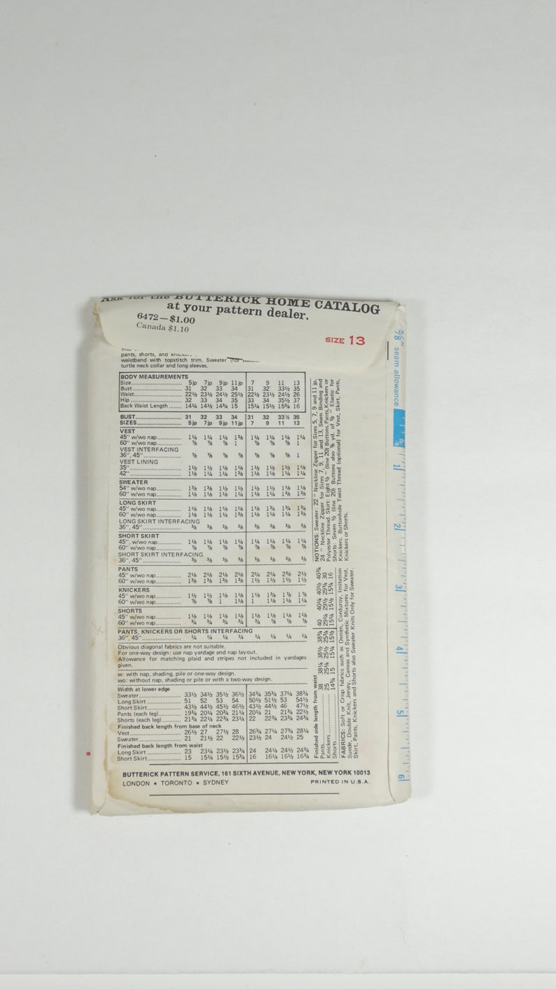 Vintage Pattern Butterick 6472 Vintage 1960s 1970s Pattern Junior Vest